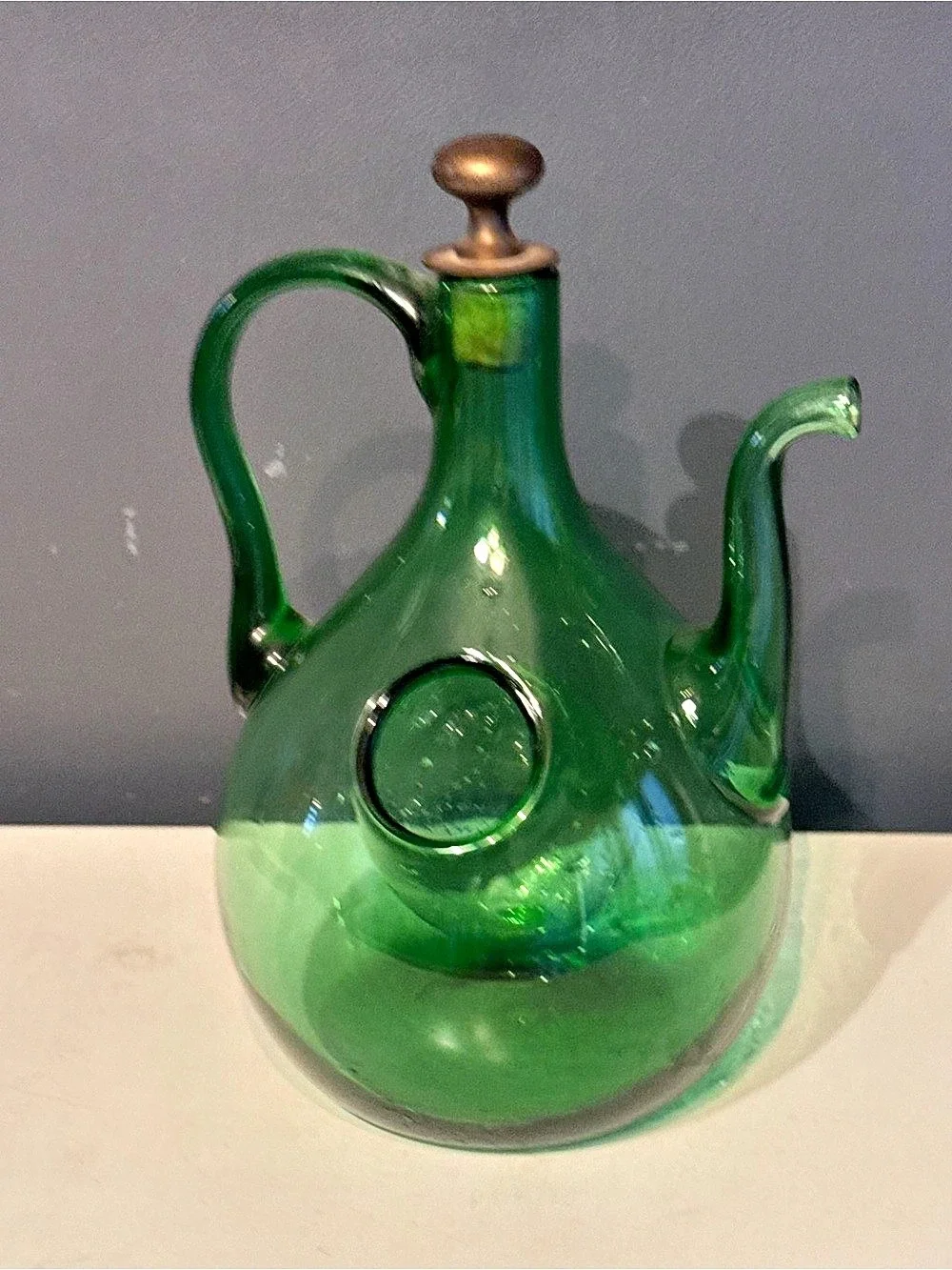 Glass Decanter Green Vintage Italian Hand Blown Mid Century Bar Decor